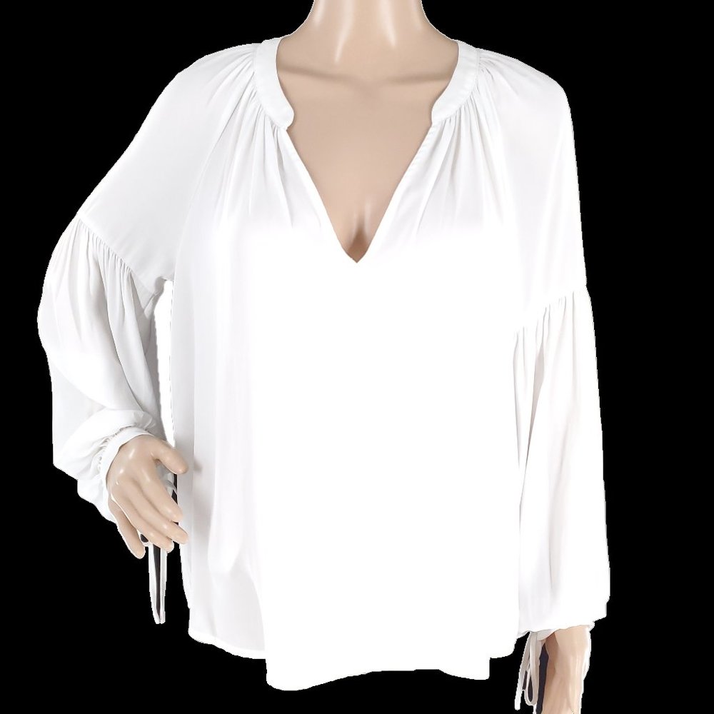 Lush Women Top Blouse Drawstring V-neck Long Sleeves White Size L